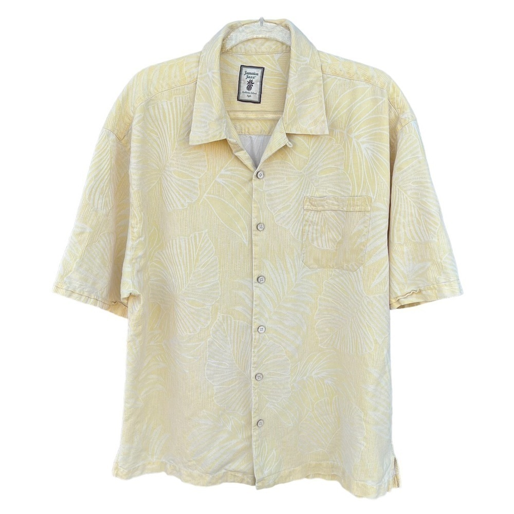 Jamaica Jaxx 100% Silk Jacquard Palm Frond Hawaiian Shirt Yellow XXL Banana Leaf